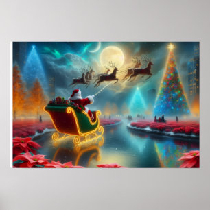 Póster de Santa y sus renos volando en el cielo