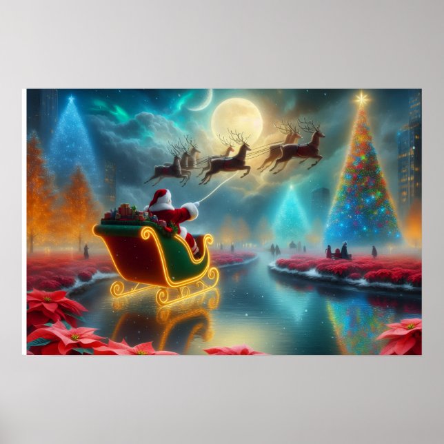 Póster de Santa y sus renos volando en el cielo (Frente)