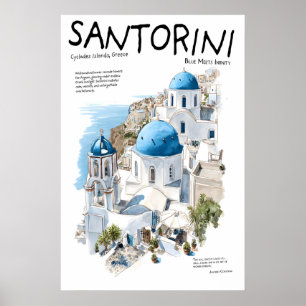 Póster de Santorini Grecia  Iglesias de Cúpula Azu