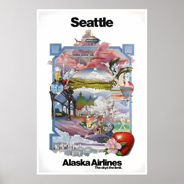 Póster de Seattle Washington Arte Alaska Airlines (Frente)
