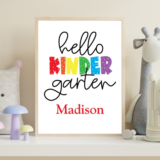 Póster de señal de 1er día de jardín de infantes A (Personalized Poster for child starting Kindergarten - Hello Kindergarten Gift for Kindergartener)