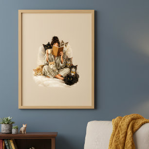 Póster de Señora de Gatos Acogedora Leyendo y Café