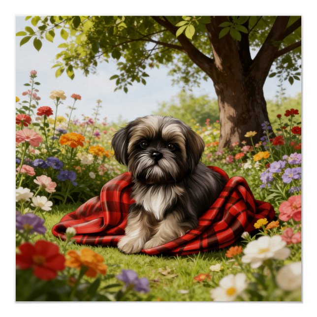 Póster de Shih Tzu en el Jardín  ("Paws, petals, and pure happiness")