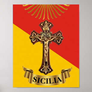 Póster de Sicilia / Bandera siciliana y Crucifijo
