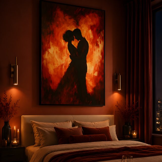 Póster de Silueta Ardiente de una Pareja Romántica (Transform your bedroom with this dramatic romantic fire inspired couple wall art print.)