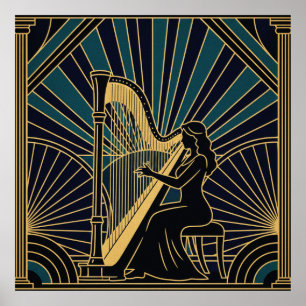 Póster de silueta de arpista Art Deco en oro y neg