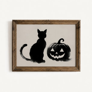 Póster de silueta de calabaza gato negro