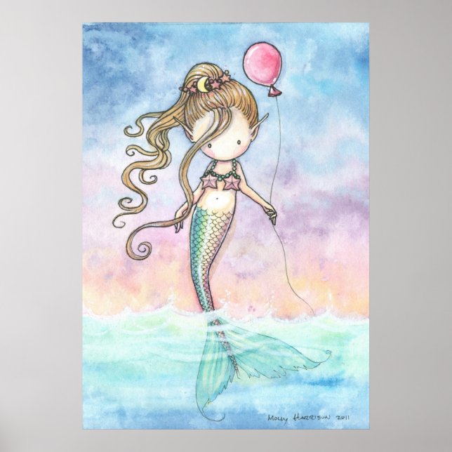 Póster de Sirena Pequeña y Lindo con Globo (Frente)