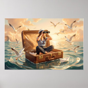 Póster de Soñador del Mar en una Maleta Flotante