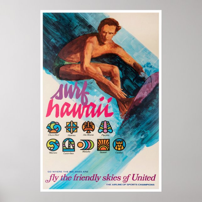 Póster de surf de Hawái Arte de United Airlines Ol (Frente)