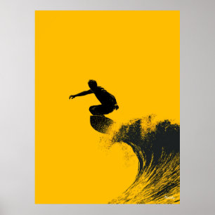 Póster de surfista: silueta negra sobre ola amaril