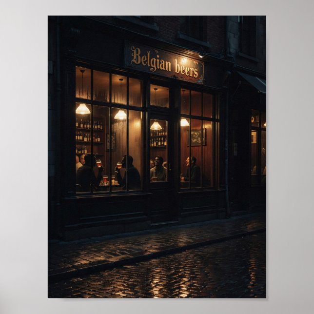 Póster de taberna belga acogedora en una noche llu (Frente)