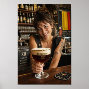 Póster de taberna belga con camarera tatuada