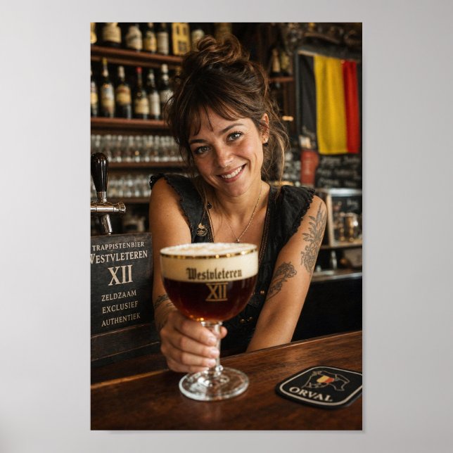Póster de taberna belga con camarera tatuada (Frente)