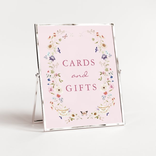 Póster de Té Nupcial de Tarjetas y Regalos Rosados (Floral Pink Cards and Gifts Bridal Tea Poster with Butterflies by Painted Paperie
)
