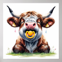 Póster de ternera Highland bebé floral con rubor