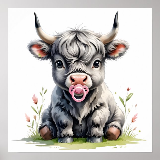 Póster de ternera Highland bebé floral rosa (Frente)
