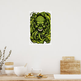 Póster de terror de monstruo con tentáculos verdes