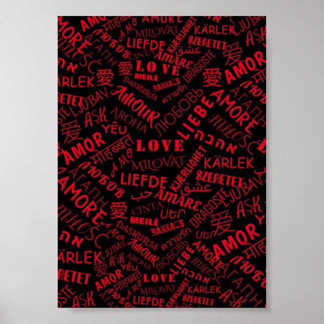 Póster de texto de amor palabra en varios idiomas  (Frente)