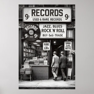 Póster de tienda de discos antiguos, música en bla