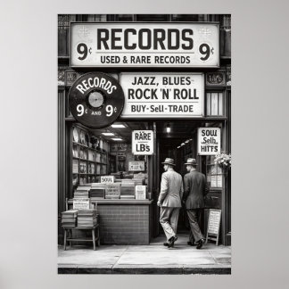 Póster de tienda de discos antiguos, música en bla