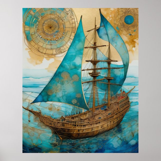 Póster de tonos azules de barco (Frente)