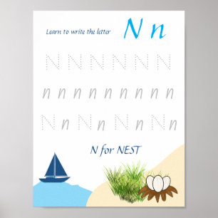 Póster de trazado de la letra N para niños