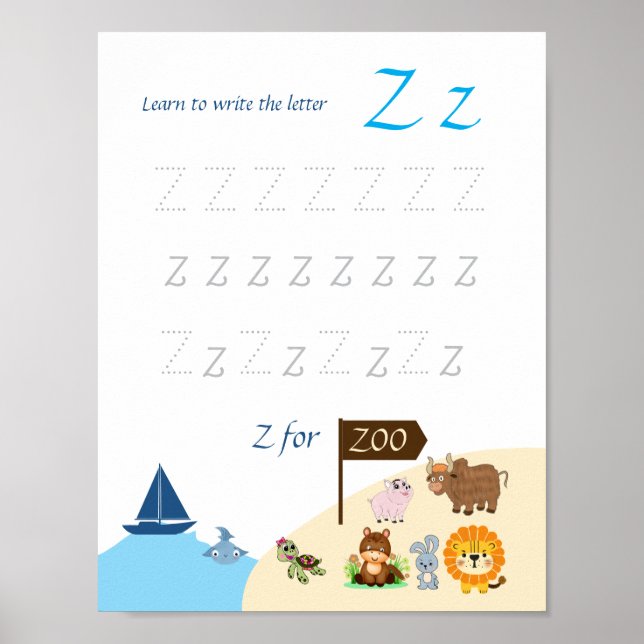 Póster de trazado de la letra Z para niños (Frente)