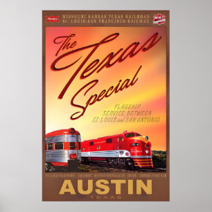 Póster de tren retro especial de Austin Texas MKT 