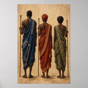 Póster de tres figuras en azul, óxido y oliva