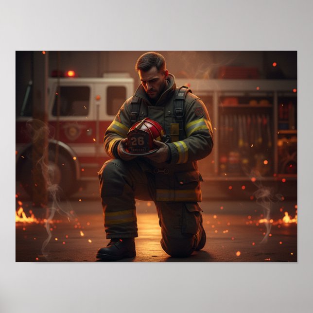 Póster de tributo al bombero arrodillado (Frente)