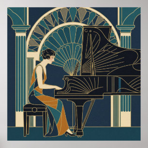 Póster de trío de jazz Art Deco   Saxofón Trompeta