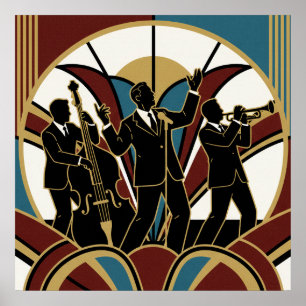 Póster de trompeta de jazz Art Deco con explosión 