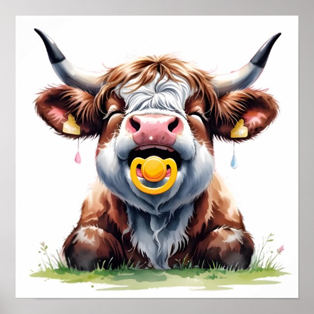 Póster de Vaca Bebé Highland Floral Rosado (Frente)