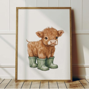 Póster de vaca con botas verdes en habitación de n