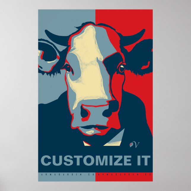 Póster de vaca Pop Art Rojo Blanco Azul PERSONALIZ (Frente)