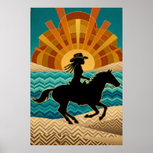 Póster de vaquera Art Deco caballo puesta de sol a