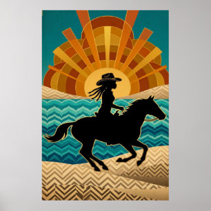 Póster de vaquera Art Deco caballo puesta de sol a