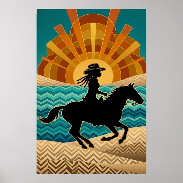 Póster de vaquera Art Deco caballo puesta de sol a (Frente)