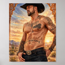 Póster de vaquero al atardecer con sombrero negro