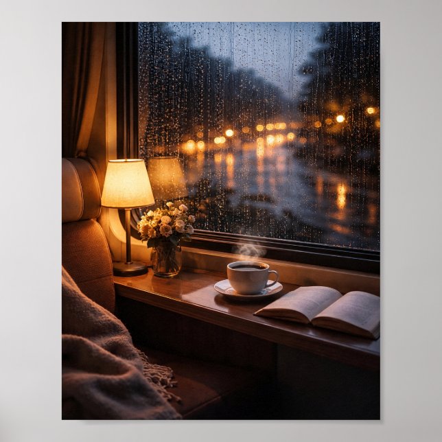 Póster de ventana de tren lluvioso acogedor (Frente)