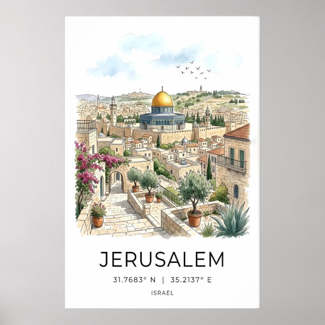Póster de viaje a Jerusalén, cúpula dorada, piedra (Frente)