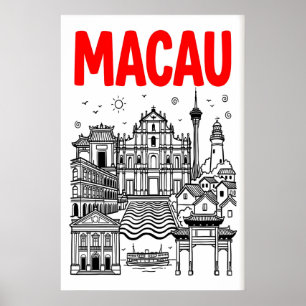 Póster de viaje a Macao, horizonte rojo en negrita