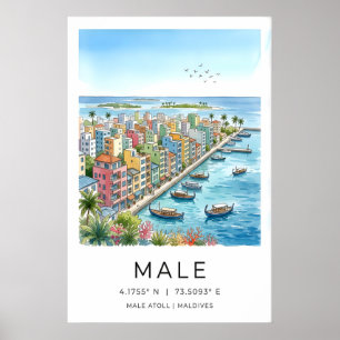 Póster de viaje a Maldivas, paisaje urbano ilustra