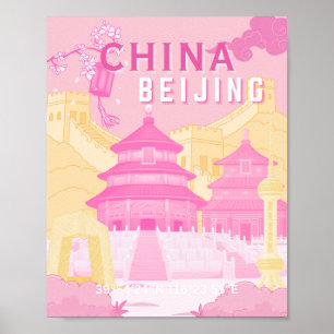 Póster de viaje a Pekín, China Arte rosa y amari