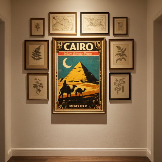 Póster de viaje antiguo de El Cairo - Pirámides de (Ancient wonders, modern walls )