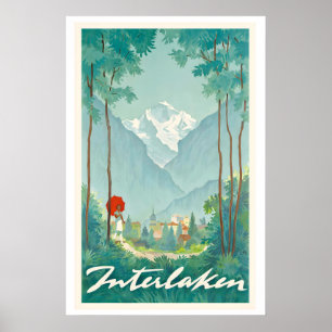 Póster de viaje antiguo de Interlaken Suiza
