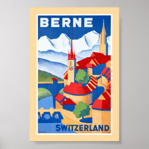 Póster de viaje antiguo restaurado de Berna Suiza