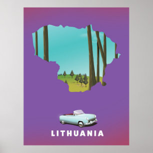 Póster de viaje con mapa ilustrado de Lituania