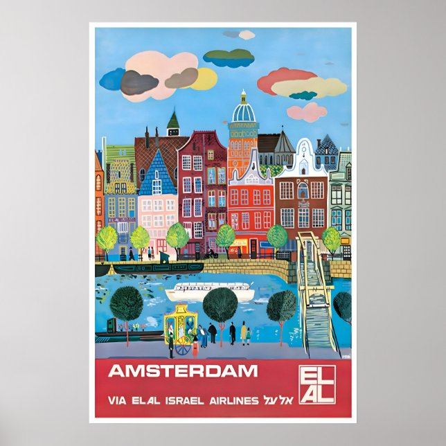 Póster de viaje de Amsterdam Holanda Arte Elal (Frente)